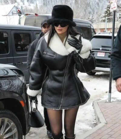 Kylie Jenner Aspen Black Leather Shearling Coat