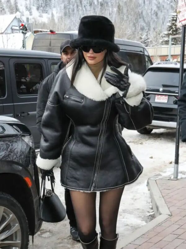 Kylie Jenner Aspen Black Leather Shearling Coat