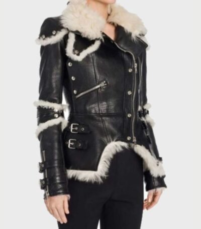 Leah Black Sheepskin Shearling Biker Jacket