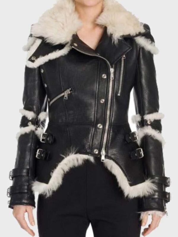 Leah Black Sheepskin Shearling Biker Jacket