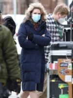 Lily Rabe The Tender Bar Blue Long Puffer Coat