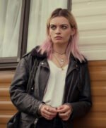 Maeve Wiley Sex Education Black Fur Collar Leather Jacket