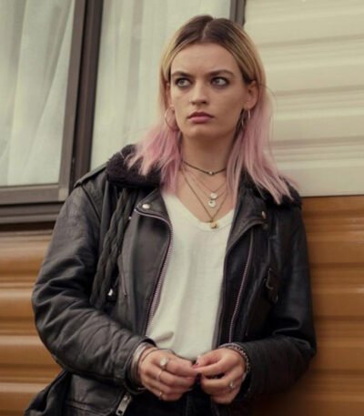 Maeve Wiley Sex Education Black Fur Collar Leather Jacket
