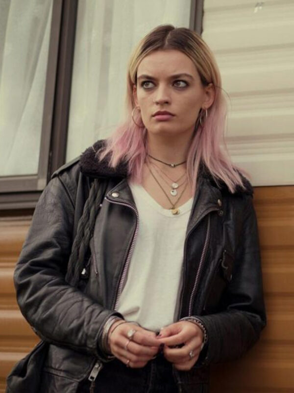 Maeve Wiley Sex Education Black Fur Collar Leather Jacket