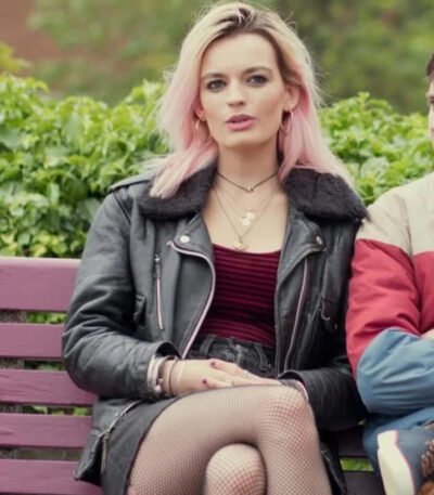 Maeve Wiley Sex Education Black Fur Collar Leather Jacket