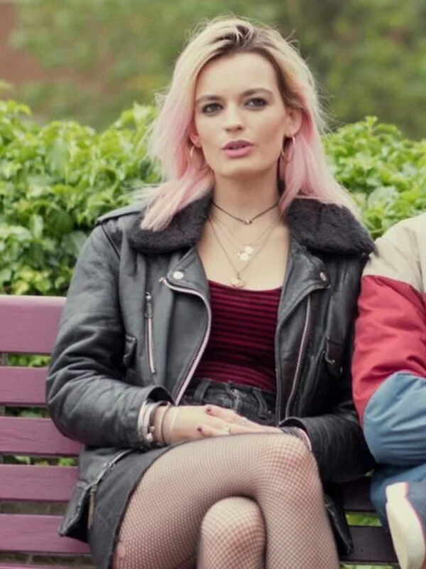 Maeve Wiley Sex Education Black Fur Collar Leather Jacket