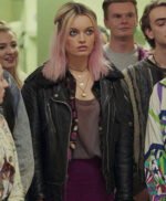 Maeve Wiley Sex Education Black Fur Collar Leather Jacket