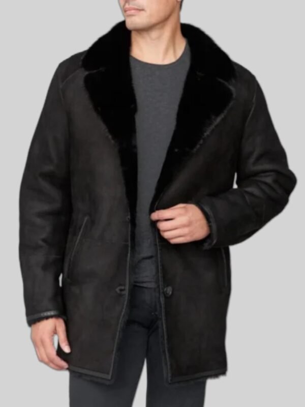 Marcus Shearling Fur Collar Black Sheepskin Coat