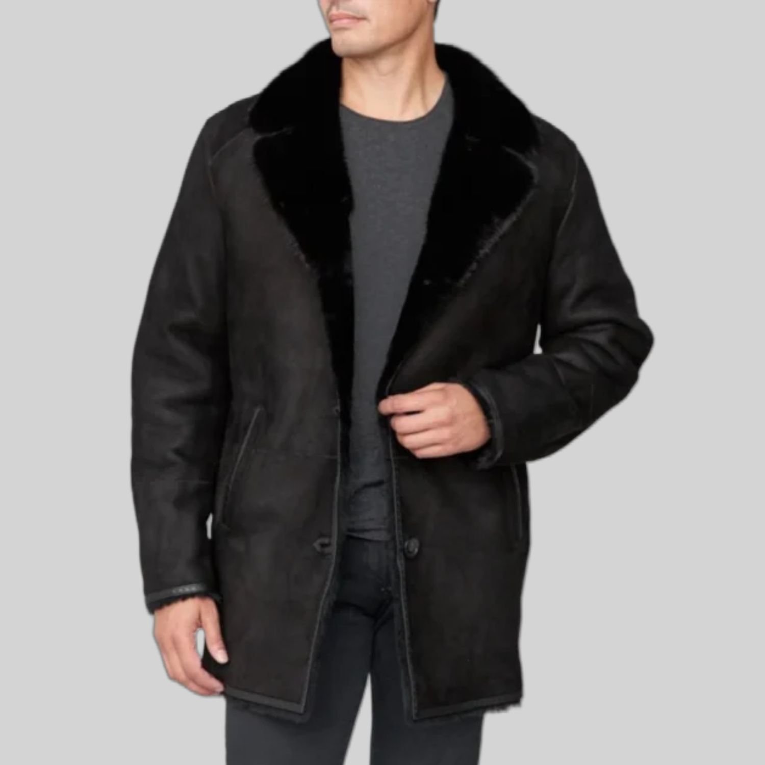 Marcus Shearling Fur Collar Black Sheepskin Coat Marcus Shearling Fur Collar Black Sheepskin Coat