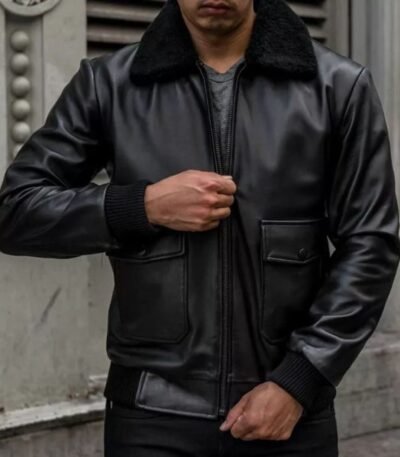 Men Casual Black Leather Flight Jacket