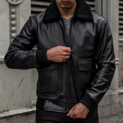 Men Casual Black Leather Flight Jacket