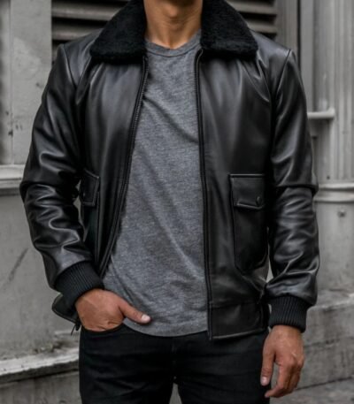 Men Casual Black Leather Flight Jacket