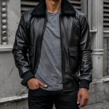 Men Casual Black Leather Flight Jacket