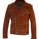 Mens Asymmetrical Camel Brown Suede Biker Leather Jacket