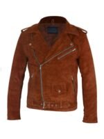 Mens Asymmetrical Camel Brown Suede Biker Leather Jacket