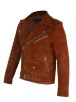 Mens Asymmetrical Camel Brown Suede Biker Leather Jacket