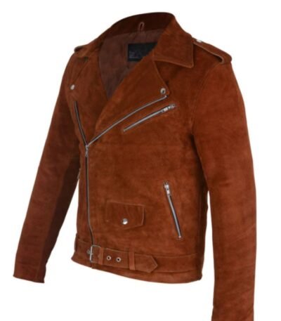 Mens Asymmetrical Camel Brown Suede Biker Leather Jacket