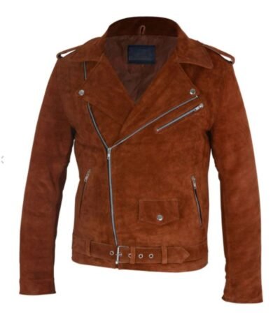 Mens Asymmetrical Camel Brown Suede Biker Leather Jacket