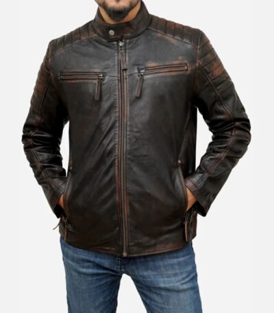 Mens Biker Cafe Racer Quilted Dark Brown Leather Jacket
