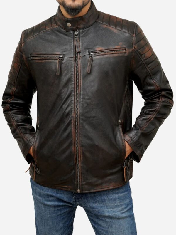 Mens Biker Cafe Racer Quilted Dark Brown Leather Jacket