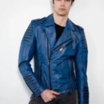Men's Biker Moto Blue Leather Jacket