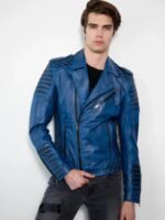 Men's Biker Moto Blue Leather Jacket