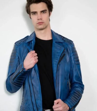 Men's Biker Moto Blue Leather Jacket