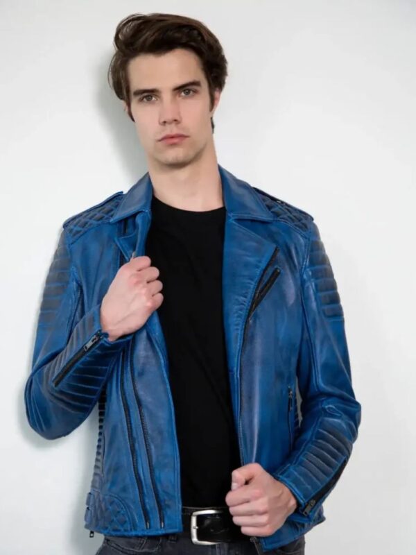 Men's Biker Moto Blue Leather Jacket