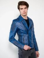 Men's Biker Moto Blue Leather Jacket