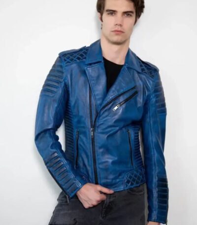 Men's Biker Moto Blue Leather Jacket