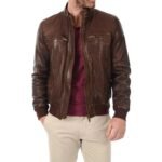 Men’s Biker Rib Knit Collar Brown Real Leather Jacket