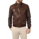 Men’s Biker Rib Knit Collar Brown Real Leather Jacket