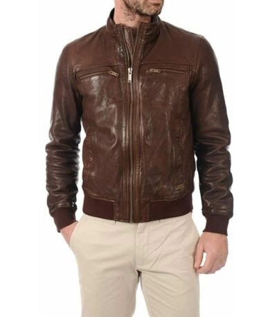 Men’s Biker Rib Knit Collar Brown Real Leather Jacket