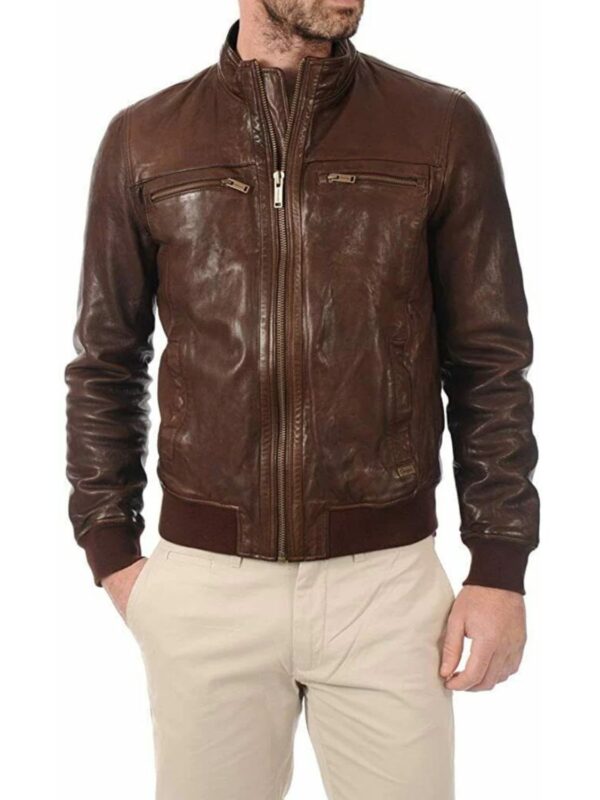 Men’s Biker Rib Knit Collar Brown Real Leather Jacket