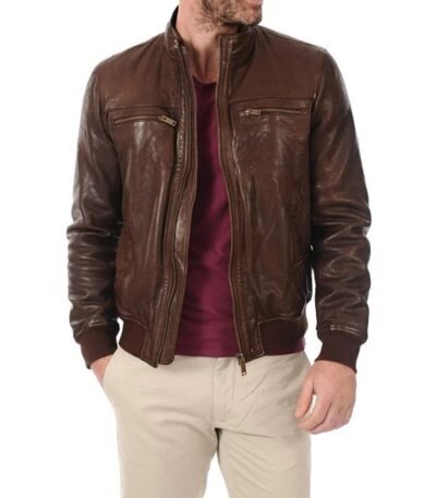 Men’s Biker Rib Knit Collar Brown Real Leather Jacket