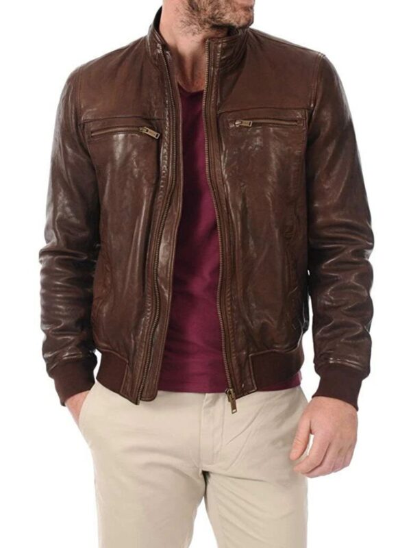 Men’s Biker Rib Knit Collar Brown Real Leather Jacket