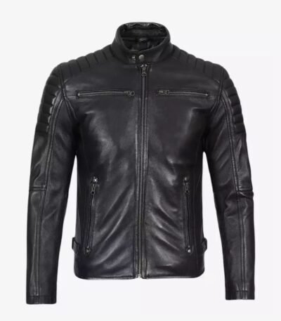 Mens Black Cafe Racer Biker Soft Leather Jacket