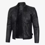Mens Black Cafe Racer Biker Soft Leather Jacket