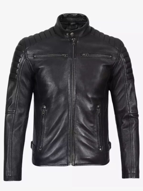 Mens Black Cafe Racer Biker Soft Leather Jacket