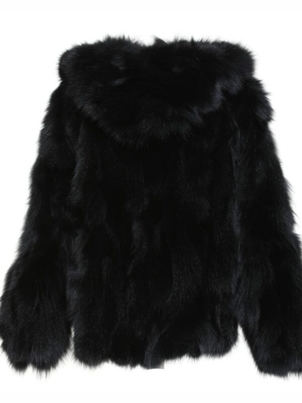Mens Black Hooded Fox Fur Warm Jacket