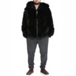 Mens Black Hooded Fox Fur Warm Jacket