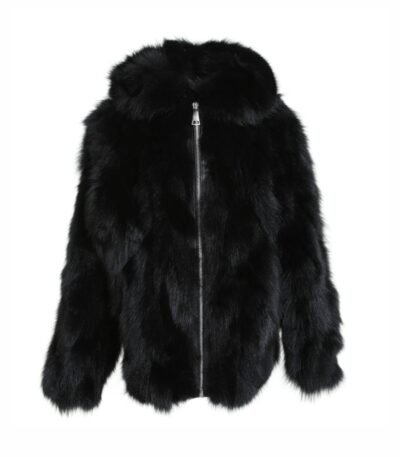 Mens Black Hooded Fox Fur Warm Jacket