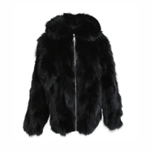 Mens Black Hooded Fox Fur Warm Jacket