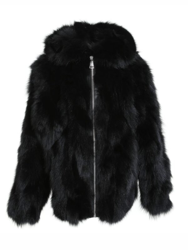 Mens Black Hooded Fox Fur Warm Jacket