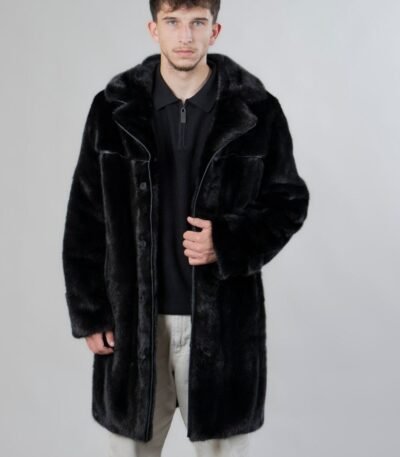 Mens Black Mid Length Mink Fur Soft Coat