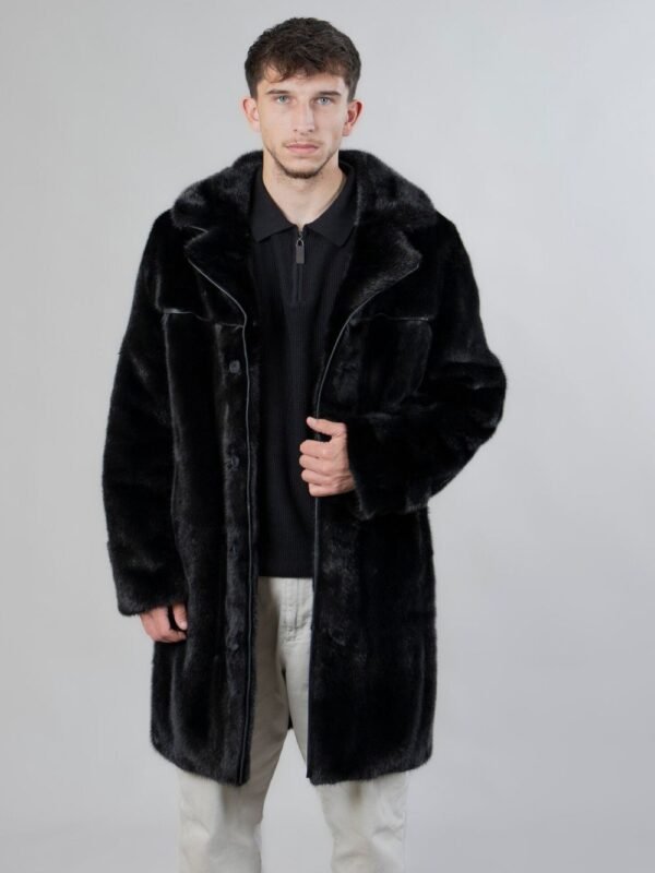 Mens Black Mid Length Mink Fur Soft Coat