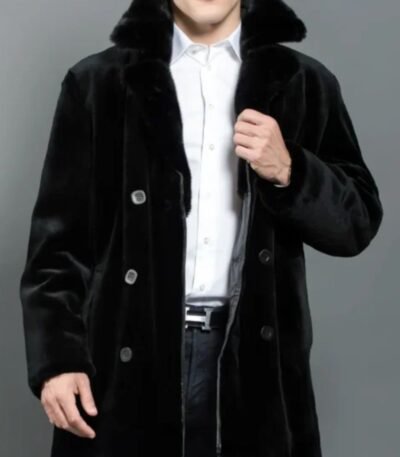 Mens Black Mid Length Mink Fur Soft Coat