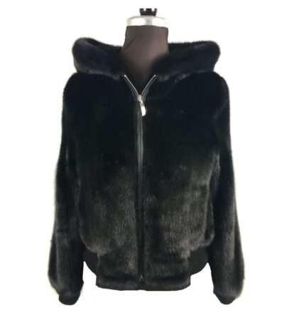 Mens Black Mink Fur Hooded Bomber Jacket