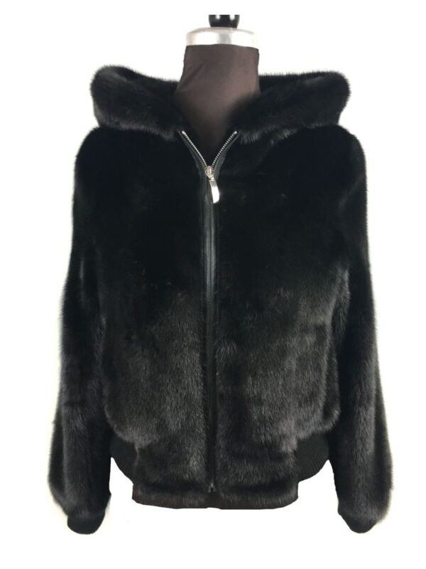 Mens Black Mink Fur Hooded Bomber Jacket
