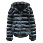 Mens Blue and Black Chinchilla Fur Hooded Bomber Jacket